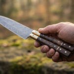 Buhawi Handmade Damascus Steel Balisong Kitchen Chef Knife | Walnut Burl Wood Handle with Brass Bolsters and Leather Sheath BF-168