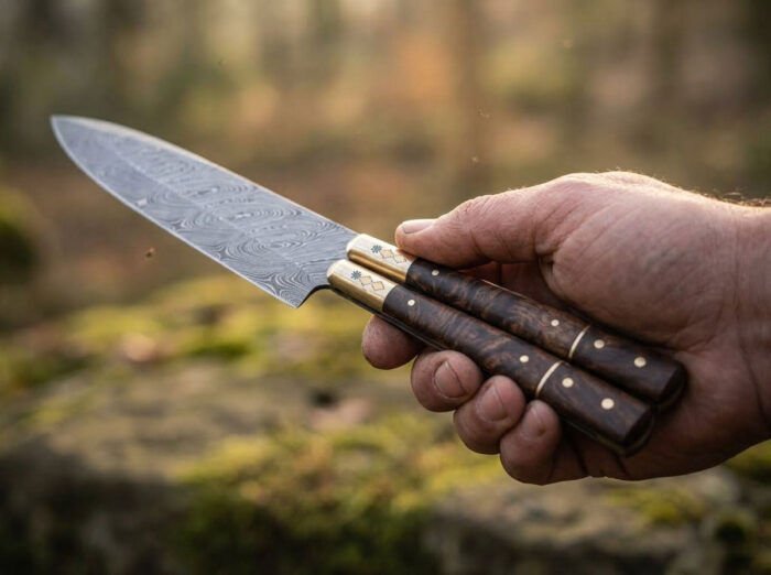 Buhawi balisong kitchen chef knife held in hand, second view