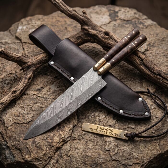 Buhawi balisong kitchen chef knife shown with its leather sheath, third view