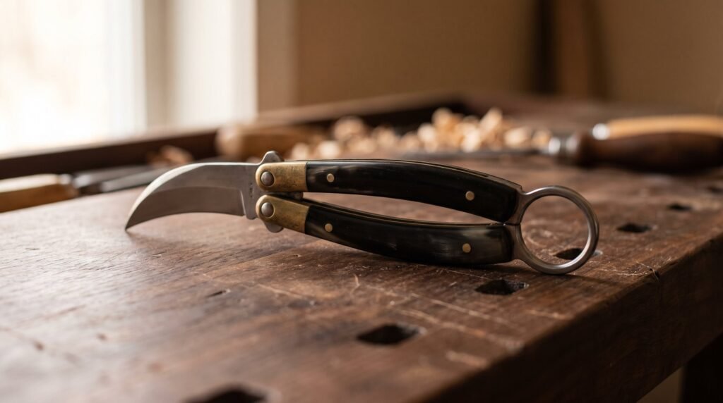 A butterfly karambit lying open on a workbench with a curved blade, buffalo horn handles, brass pivot pins and a steel finger ring at the end