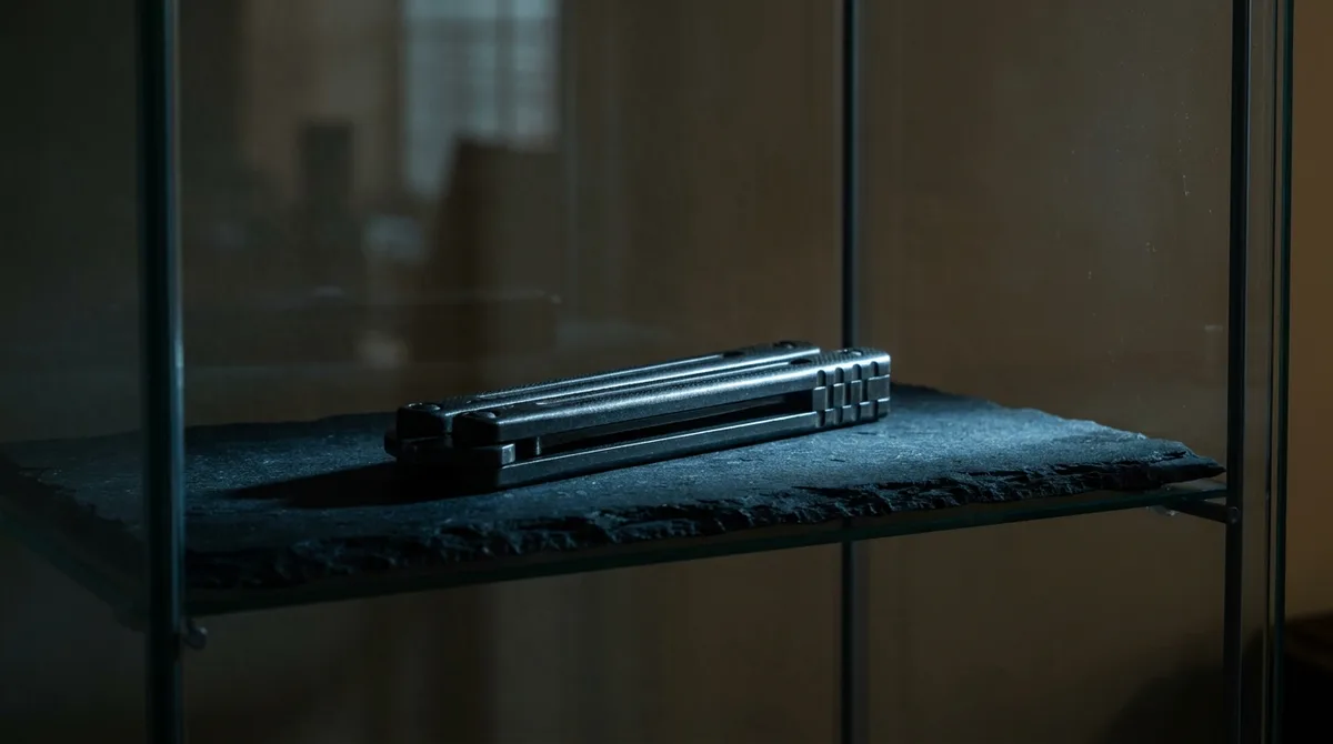 A closed butterfly knife resting on a dark shelf behind display glass