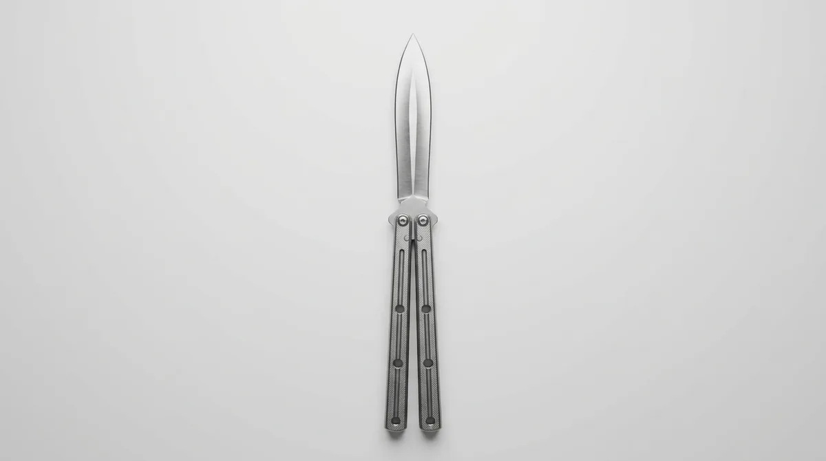 Butterfly knife fully open with both handles aligned together behind the blade