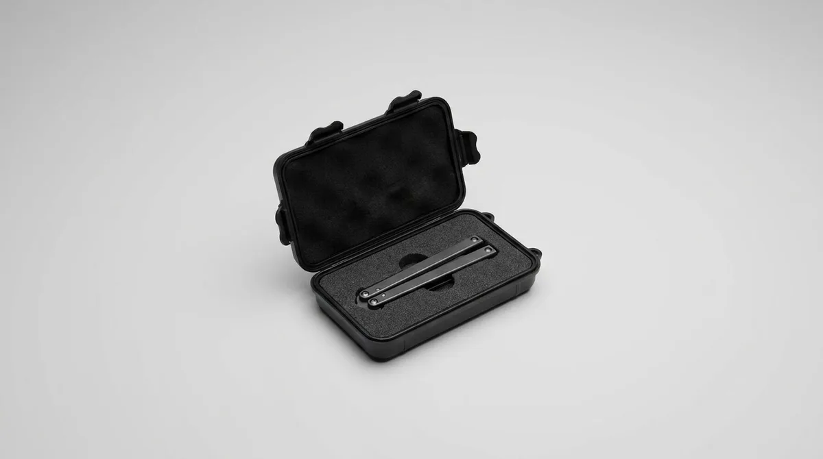 A closed butterfly knife seated in the cut foam of a small padded carry case