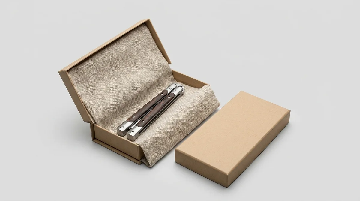 A closed butterfly knife in an open gift box lined with natural linen