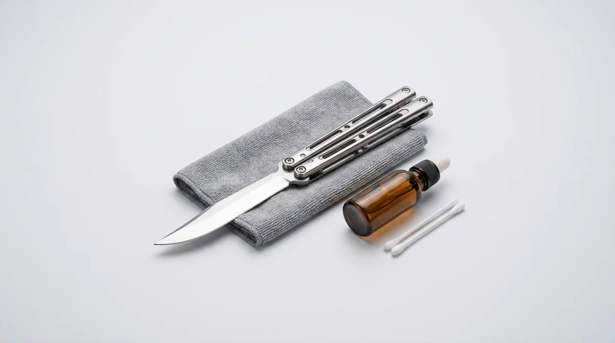 Open butterfly knife on a folded microfibre cloth beside a small oil bottle and cotton buds