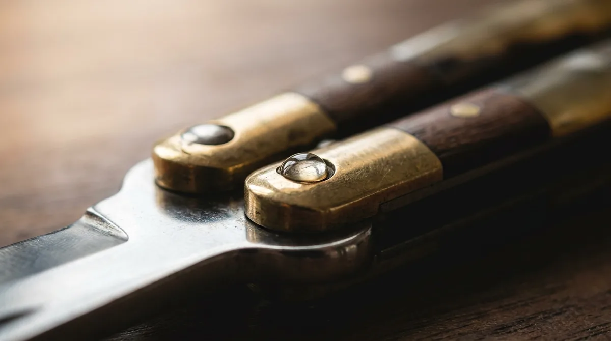 Macro of a butterfly knife pivot and brass bolster ready for a single drop of oil