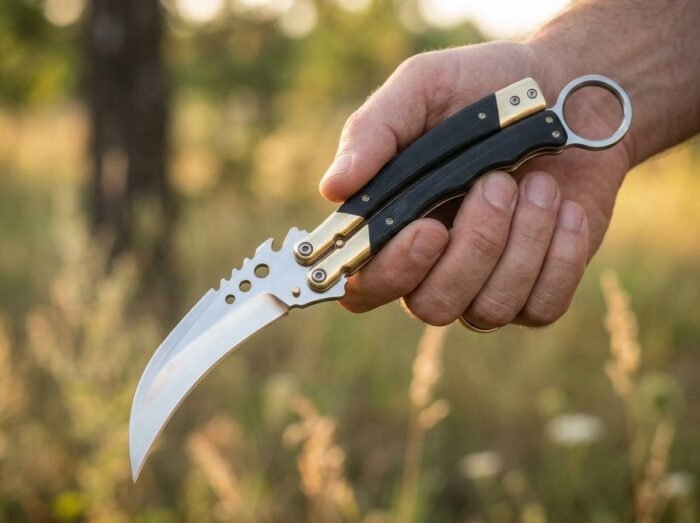 Buwan karambit balisong knife held in hand