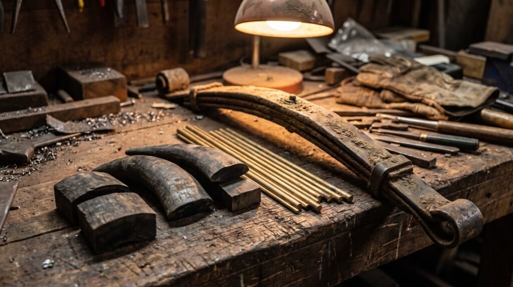 Raw knifemaking materials on a workbench including curved carabao horn, brass rod and a rusted vehicle leaf spring