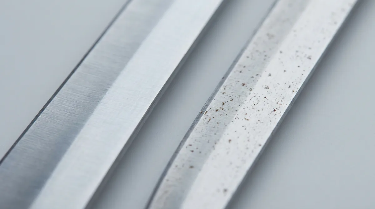 Macro comparing a clean satin blade surface with one showing light orange rust spots