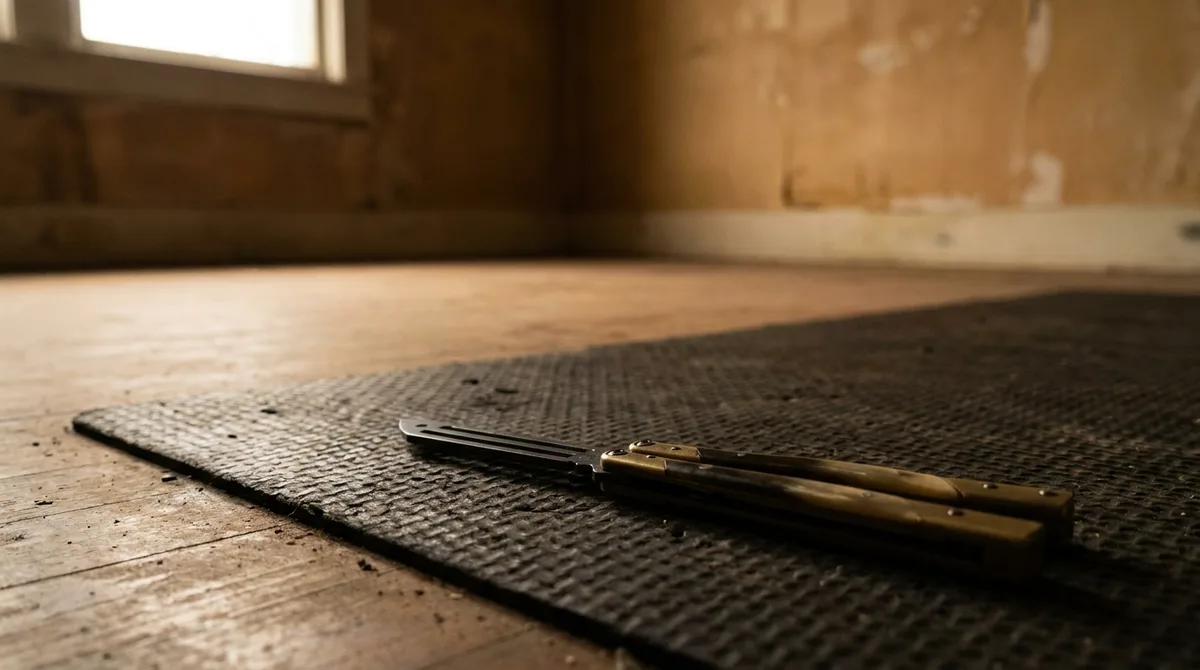 Rubber practice mat on the floor of a cleared room with a balisong trainer resting on it