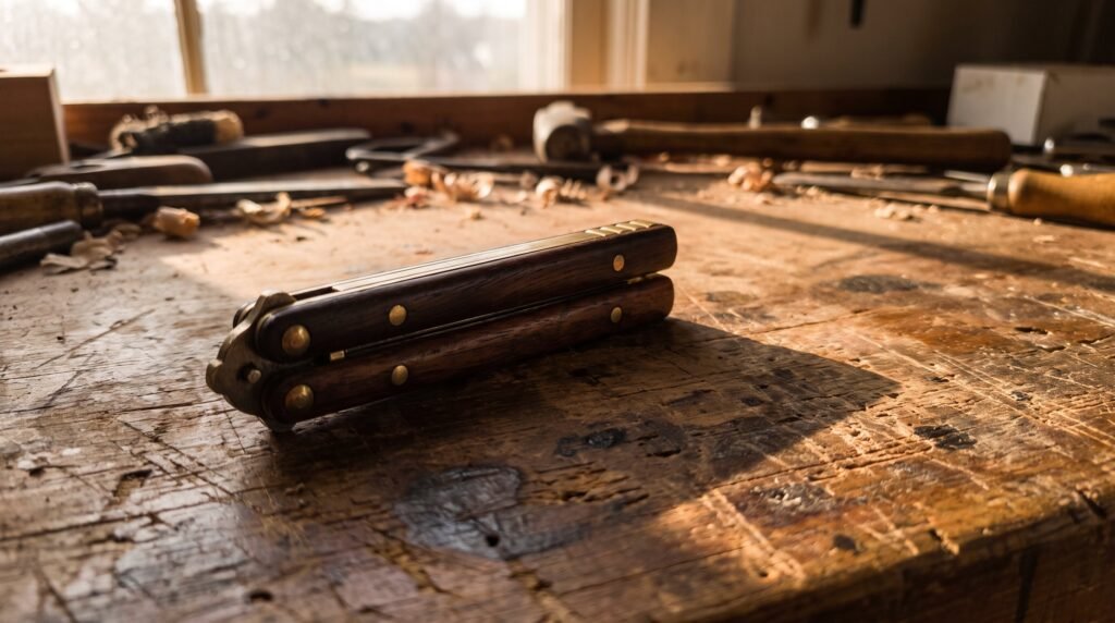 A single closed butterfly knife lying diagonally across a worn wooden workbench in warm afternoon window light