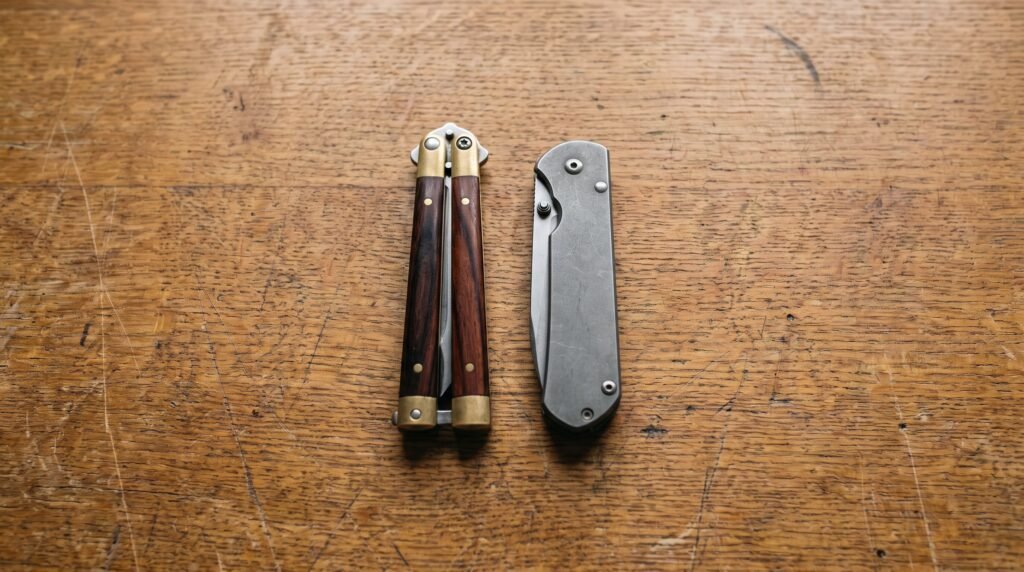A closed balisong butterfly knife with rosewood handles lying beside a closed conventional folding pocket knife on a worn oak workbench, seen from above