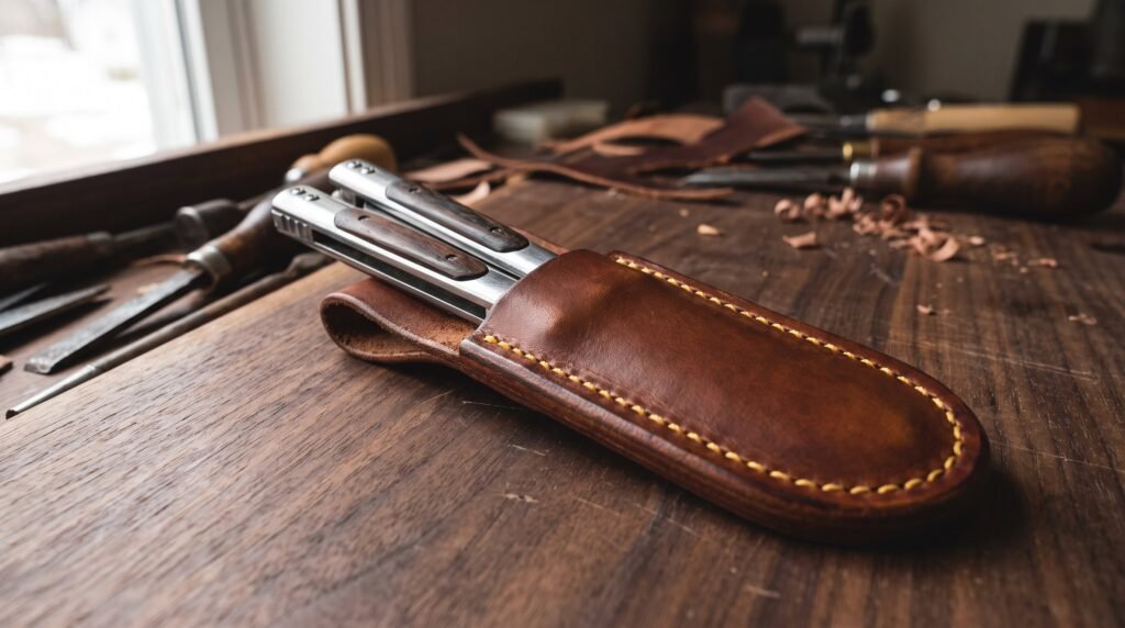 A closed butterfly knife sliding into a fitted brown leather sheath with hand stitching on a wooden bench