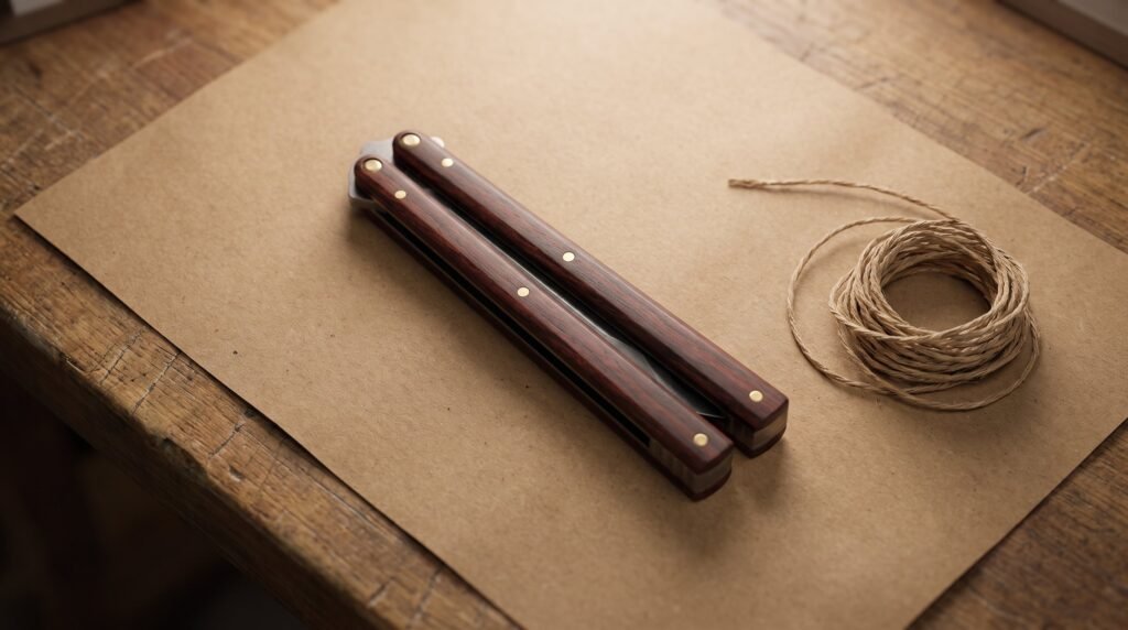 Closed balisong butterfly knife with rosewood handles lying on brown kraft paper beside a coil of twine on a wooden shop counter