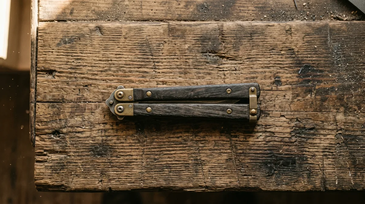 A closed balisong seen from above lying on a worn wooden workbench