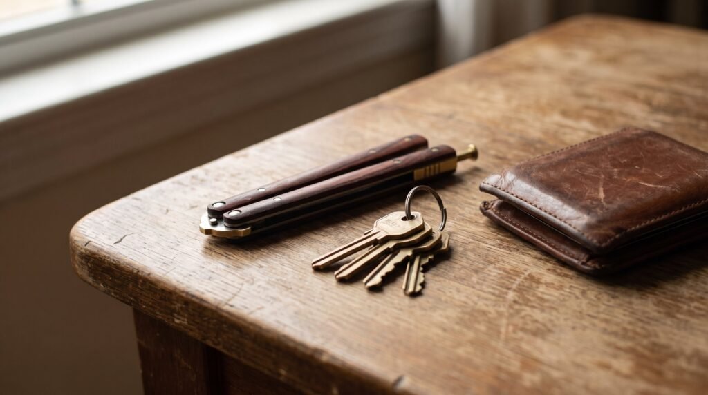 A butterfly knife folded shut with rosewood handles lying on a worn wooden table beside a ring of brass keys and a brown leather wallet