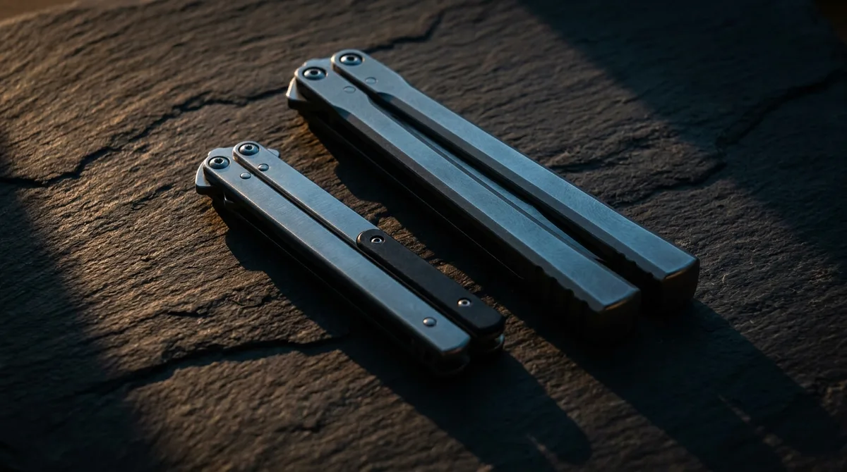 A small compact balisong lying beside a full-size balisong showing the difference in length