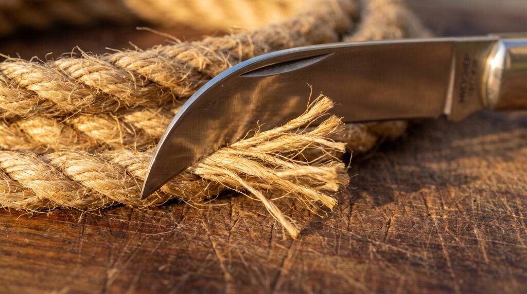 Curved hawkbill knife blade slicing through thick manila rope on a wooden board