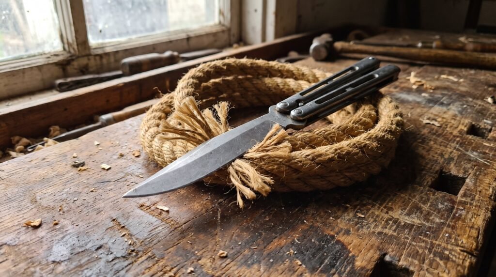 Matte grey tool steel butterfly knife blade cutting through a coil of natural manila rope on a wooden workbench