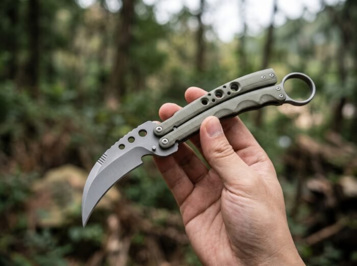 Dahon karambit balisong knife held in hand, second view