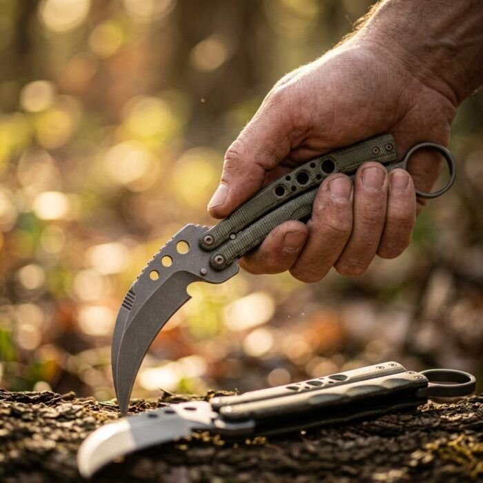 Dahon karambit balisong knife held in hand
