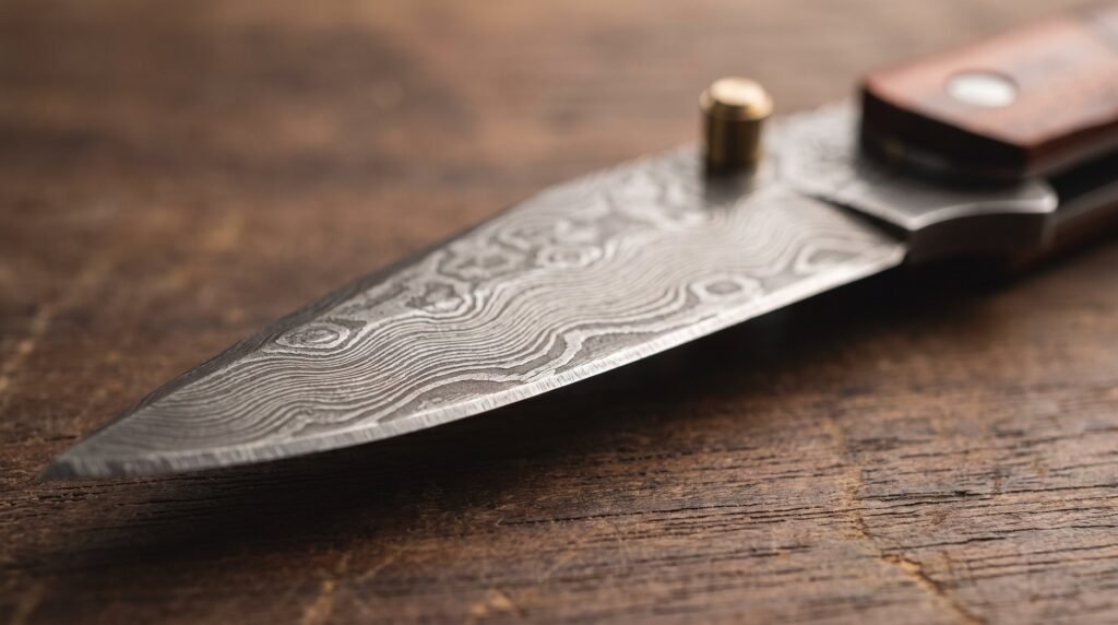 Macro of a damascus butterfly knife blade showing etched swirling layers, the sharpened bevel and a brass pivot pin
