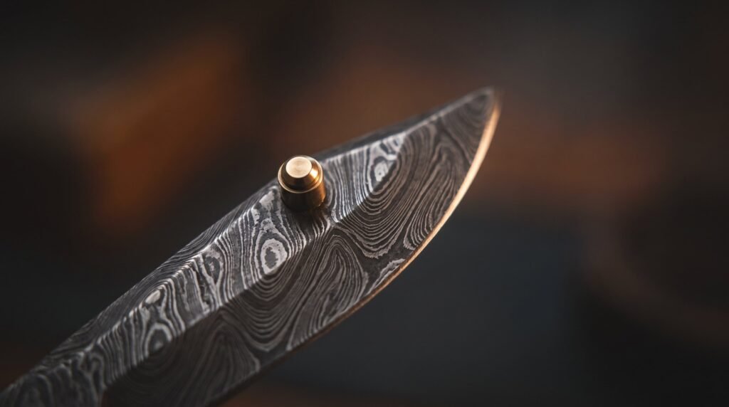 Extreme macro of the layered Damascus pattern across a balisong butterfly knife blade beside a polished brass pivot pin