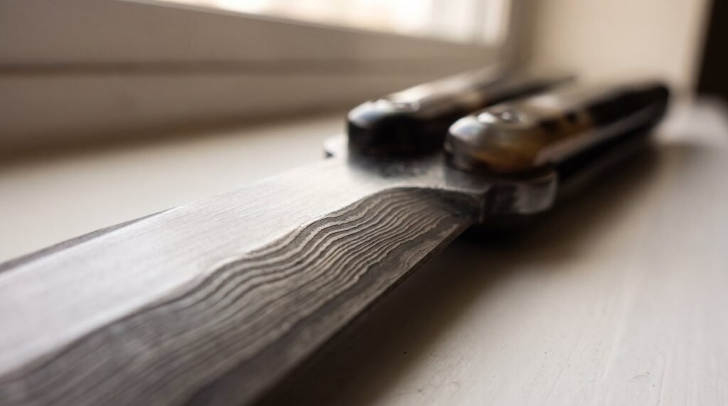 Close view of a hand forged damascus balisong blade showing wavy ladder banding along the flat with a horn handle behind