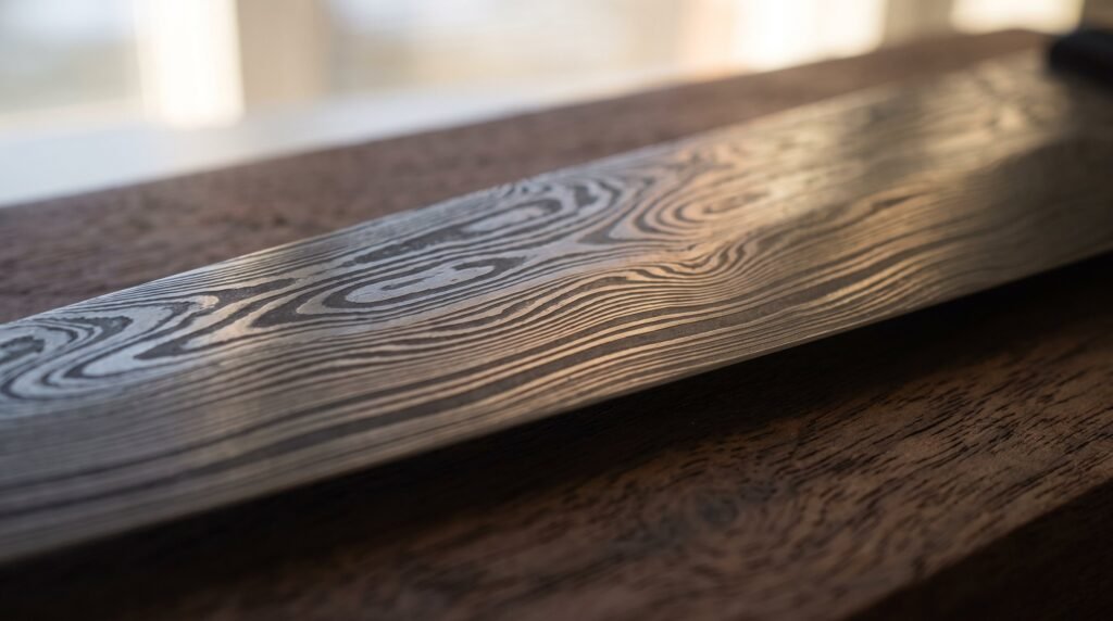 Extreme macro of a Damascus blade surface showing the flowing layered pattern etched into the folded steel of a balisong