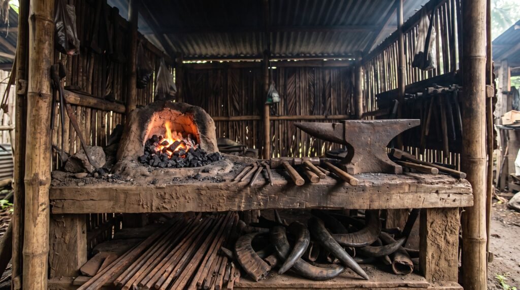 Traditional Filipino village blacksmith workshop with a charcoal forge, an anvil and steel bar stock on a worn bench