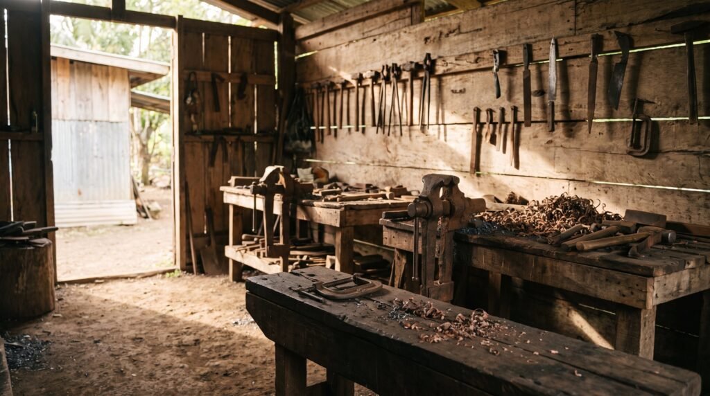 Interior of a small open air Filipino knife workshop with hand tools hanging on a plank wall and a worn wooden bench