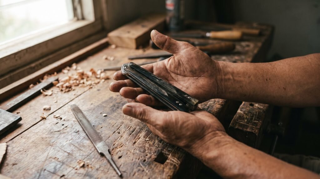 Hands of a Filipino knife maker at a wooden workbench holding a closed balisong butterfly knife beside a small hand file