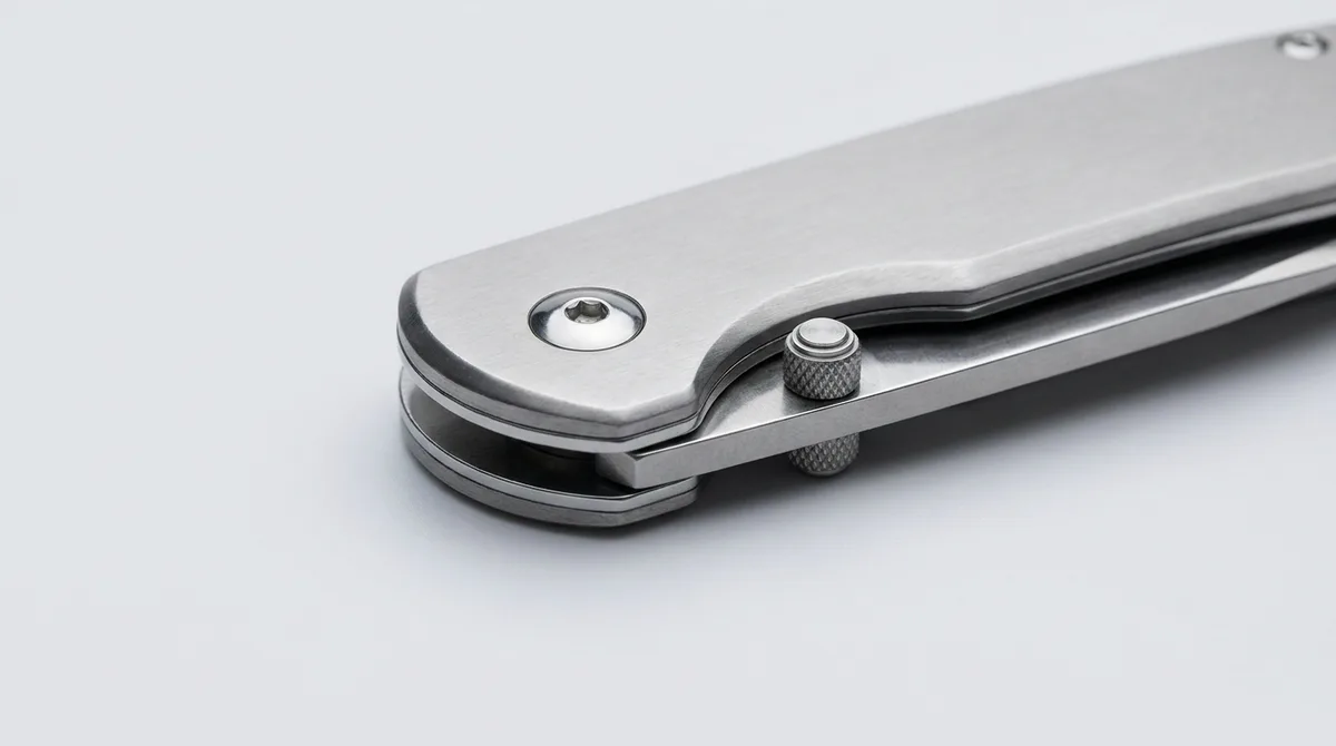 Macro of the single pivot and thumb stud on a plain closed folding pocket knife