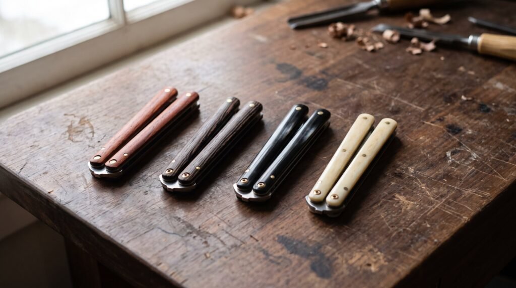 Four closed butterfly knives side by side on a workbench with rosewood, wenge, buffalo horn and pale bone handles