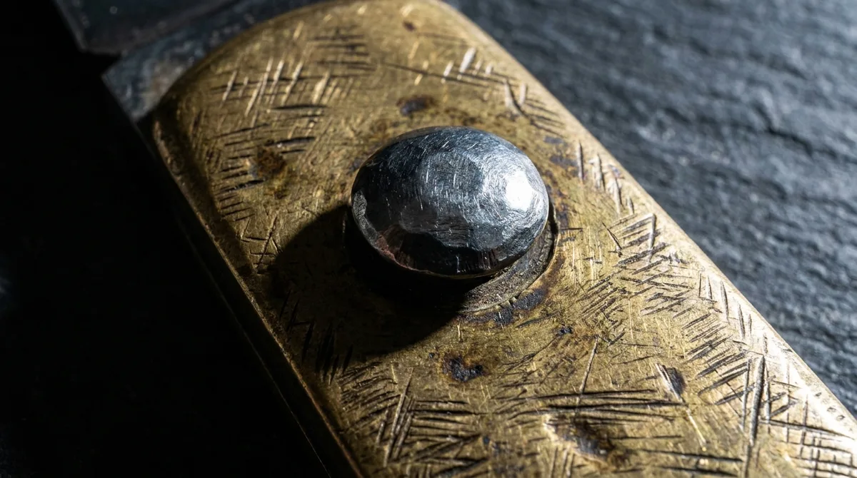 Macro of a hammer-peened pin and coarse old file marks on a vintage balisong bolster