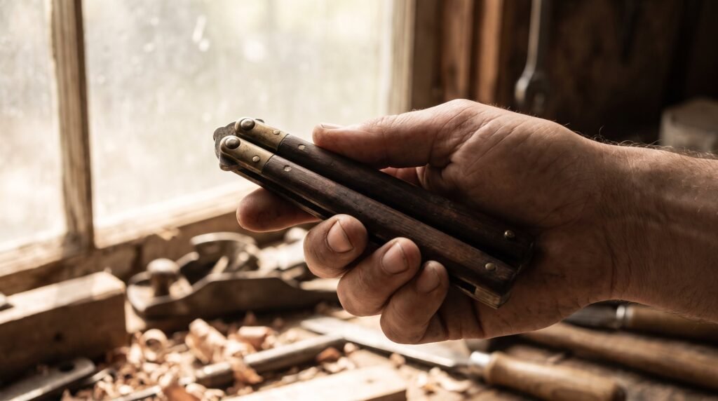 A maker holds a closed butterfly knife up to workshop window light to check that the handles sit level and tight