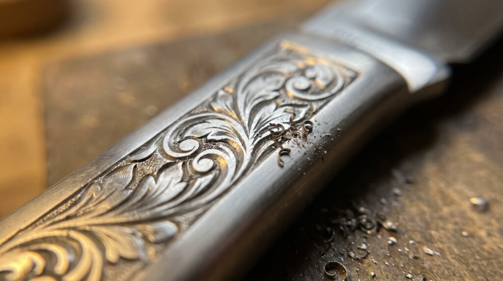 Fine hand cut scrollwork engraving on a polished steel knife handle with a leaf and vine pattern