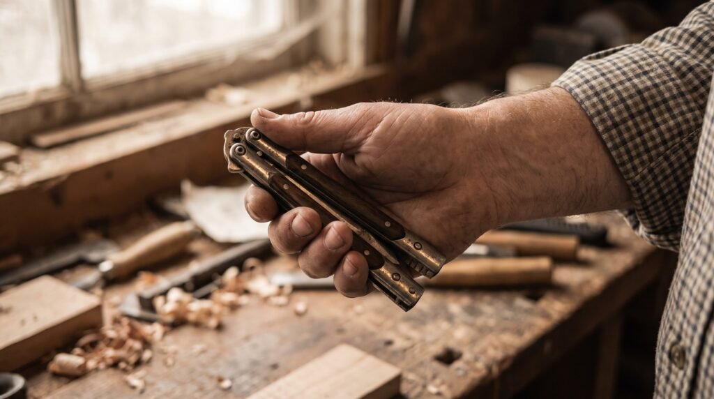 An adult hand gripping a closed butterfly knife in a relaxed hammer grip over a wooden workbench