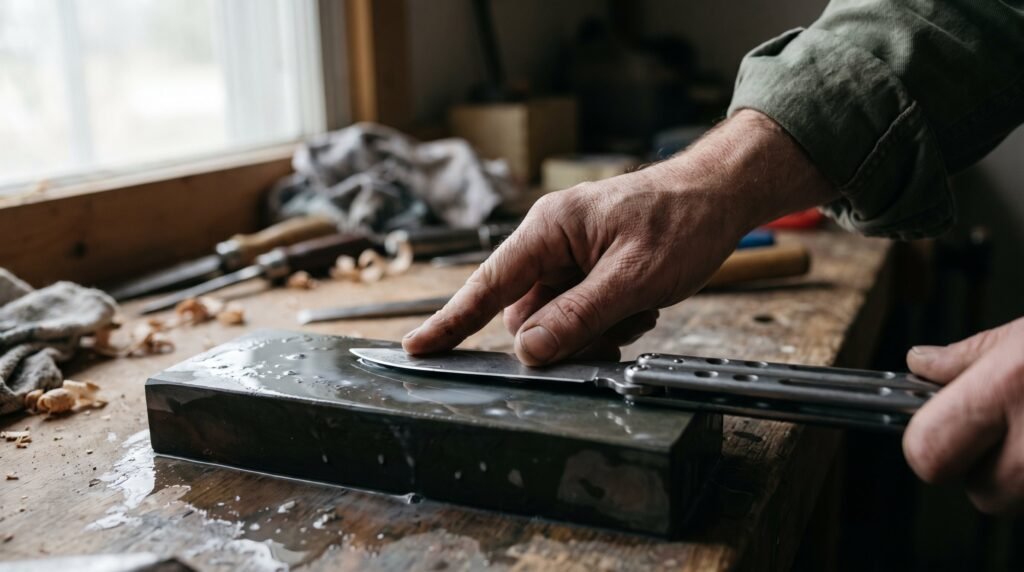 A single hand holding a butterfly knife blade flat against a wet whetstone on a workbench during sharpening