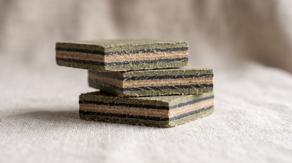 Three stacked blocks of canvas micarta handle material in olive tan and black showing fine laminated layer lines along the cut edges