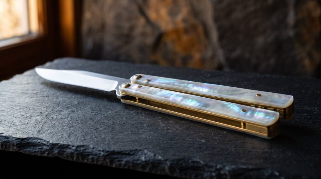 A butterfly knife with mother of pearl handle scales and brass liners resting open on a dark slate slab, the nacre catching soft window light