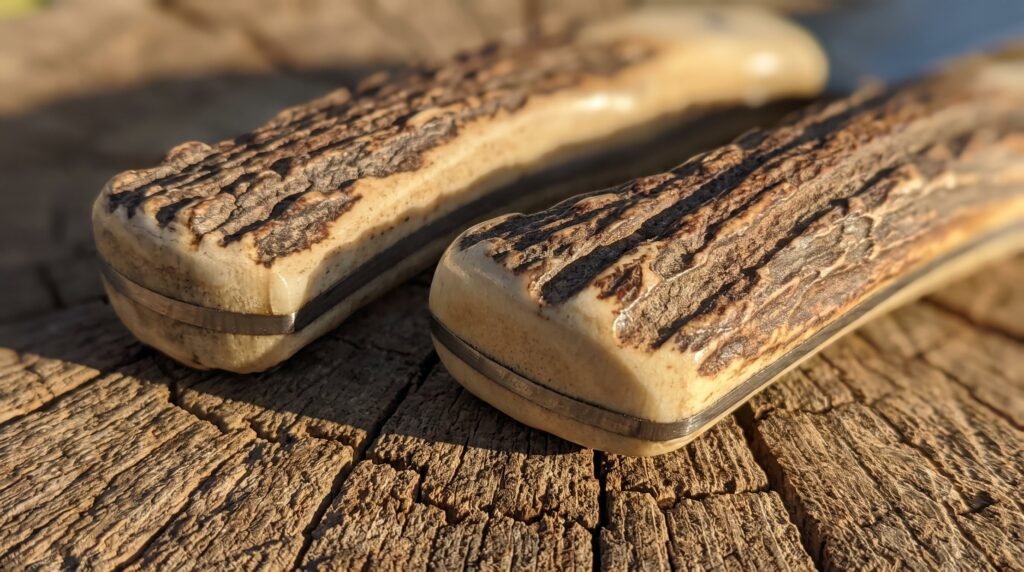 Macro of a pair of stag antler knife handle scales with rough natural bark texture and creamy interior lying on weathered oak