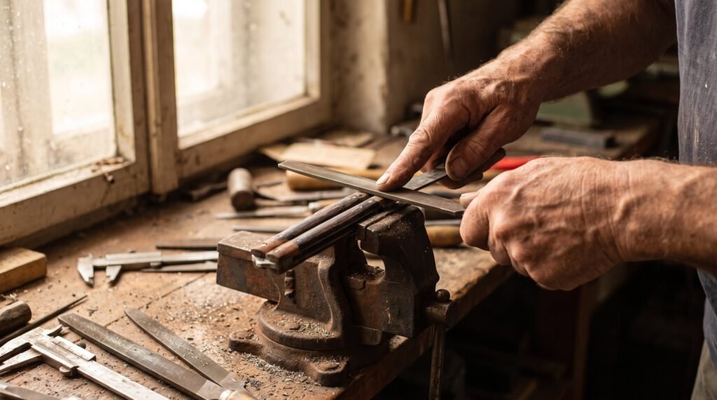 Knifemaker hand filing a balisong handle clamped in a bench vise with files and calipers on the bench