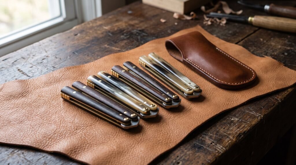 Four handmade balisong butterfly knives lying closed on tan leather beside a fitted leather belt sheath