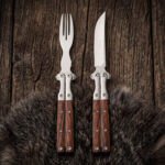 Saluhan Handmade Balisong Steak Knife and Fork Set | High Polished High Carbon Steel | Rose Wood Handles with Leather Sheaths BF-166