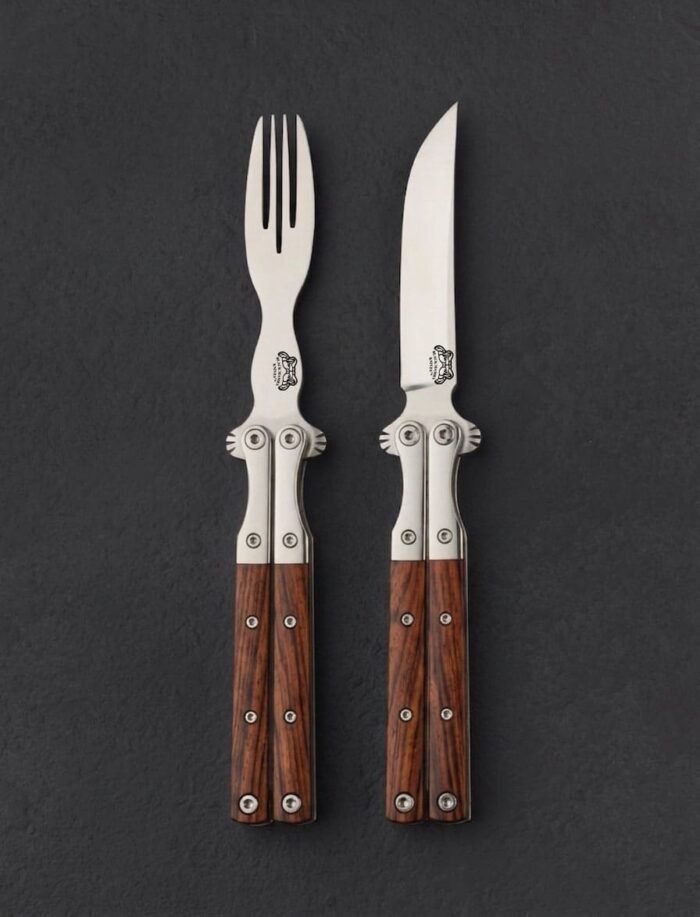 Handmade balisong steak knife and fork set with polished high carbon blades and rose wood handles