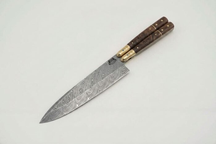 Handmade Damascus balisong chef knife with figured walnut burl handle and brass bolsters