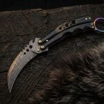 Singsing Handmade Damascus Steel Karambit Balisong Butterfly Knife | Buffalo Horn Handle with Brass and Titanium Ring and Leather Sheath BF-184