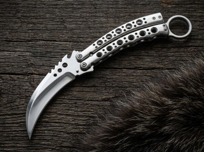 Kalansay karambit balisong knife open with the blade showing, second view