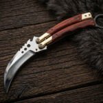Tala Handmade Karambit Balisong Butterfly Knife | High Polished High Carbon Steel | Rose Wood Handle with Brass Bolsters and Leather Sheath BF-174